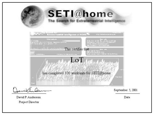 SETI@Home Zertifikat für 100 WUs