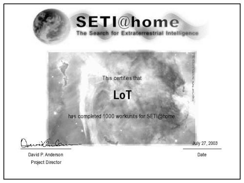 SETI@Home Zertifikat für 1000 WUs