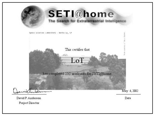 SETI@Home Zertifikat für 250 WUs