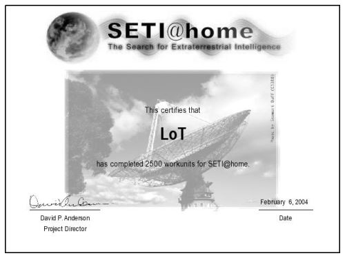 SETI@Home Zertifikat für 2500 WUs