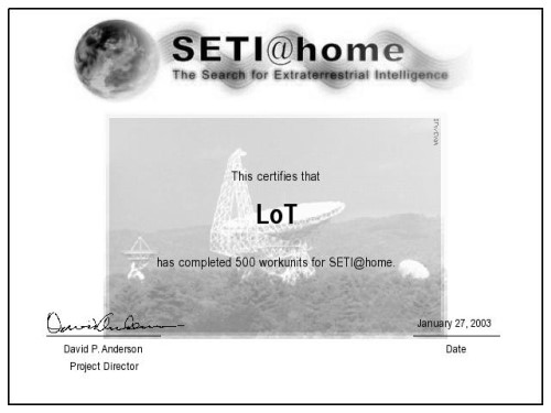 SETI@Home Zertifikat für 500 WUs